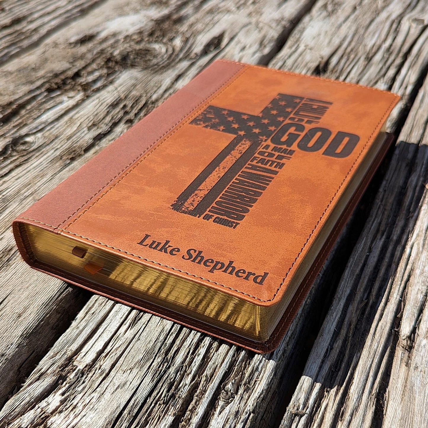Personalized NIV Bible | American Flag Cross | Custom Engraved Name | Large Print | A Child of God A Man of Faith A Warrior of Christ