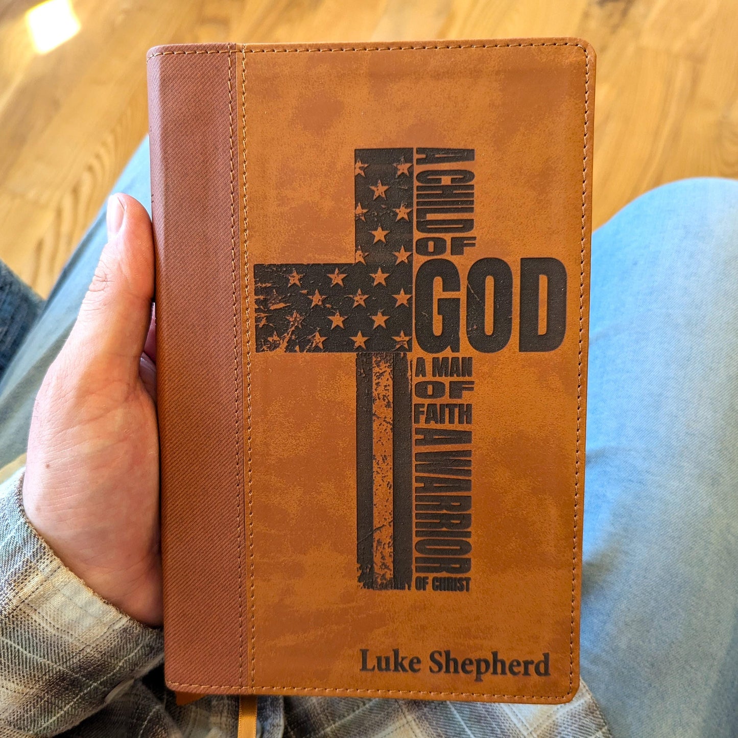 Personalized NIV Bible | American Flag Cross | Custom Engraved Name | Large Print | A Child of God A Man of Faith A Warrior of Christ