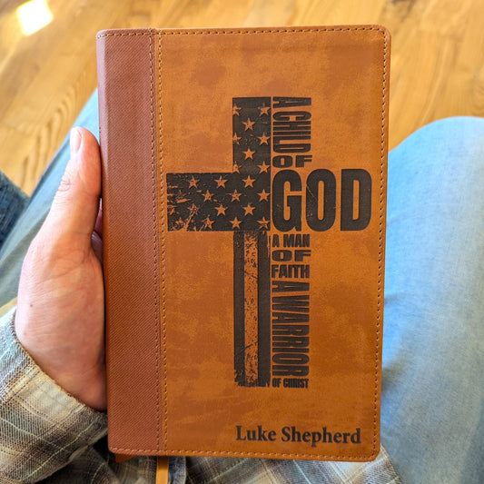 Personalized NIV Bible | American Flag Cross | Custom Engraved Name | Large Print | A Child of God A Man of Faith A Warrior of Christ
