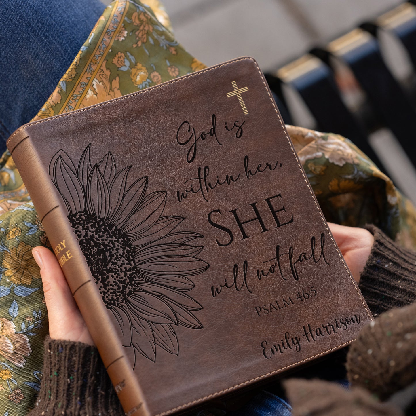 Personalized NIV Journal the Word Bible – Double Column Brown Leathersoft Faux Leather | Custom Name Engraved | Red Letter Comfort Print Edition with Wide Margins for Notes & Reflections | Sunflower