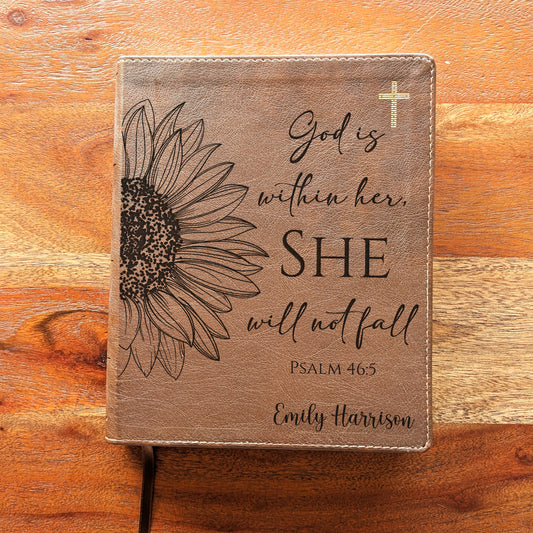Personalized NIV Journal the Word Bible – Double Column Brown Leathersoft Faux Leather | Custom Name Engraved | Red Letter Comfort Print Edition with Wide Margins for Notes & Reflections | Sunflower