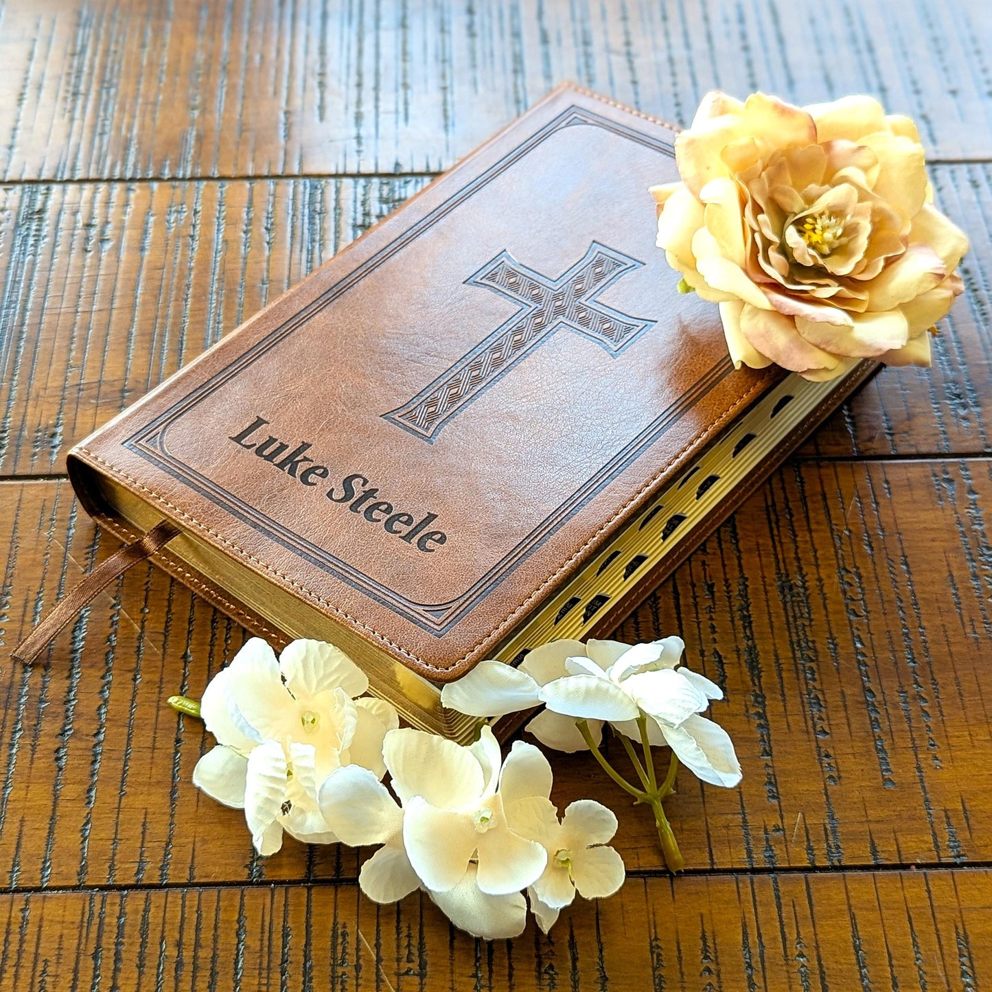 Personalized KJV Deluxe Gift Bible | Custom Engraved Name | Thumb Index | Honey Brown Faux Leather | Christian Gift for Men | King James